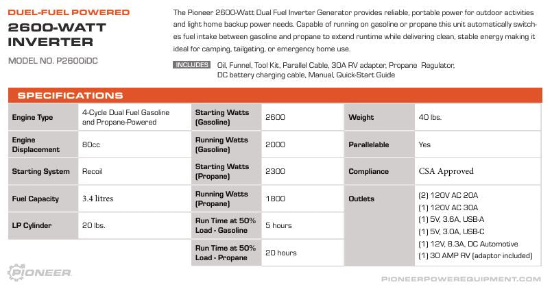 2600 Watt Inverter Generator - Special Order - Please Contact Before Ordering