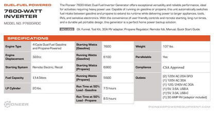 7600 Watt Inverter Generator - Special Order - Please Contact Before Ordering